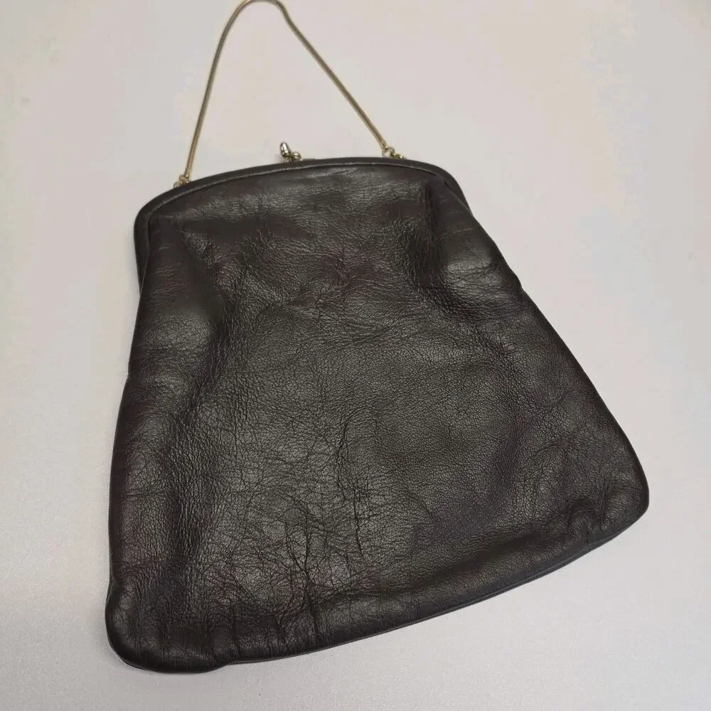 Vintage Hopper Kiss Lock Handbag Brown Leather Frame Clutch Purse 60s USA Made
